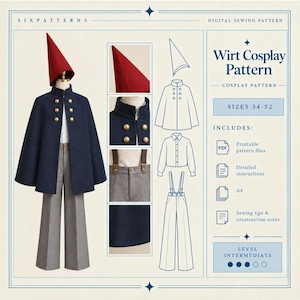 May include: A digital sewing pattern for a Wirt cosplay costume, including a red pointed hat, a navy blue cape with gold buttons, a white shirt, and gray trousers with suspenders. The image displays technical line drawings and text.