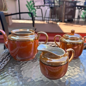 14 pc TEA SET Japanese LUSTREWARE. Orange with cafe au lait borders. Vintage
