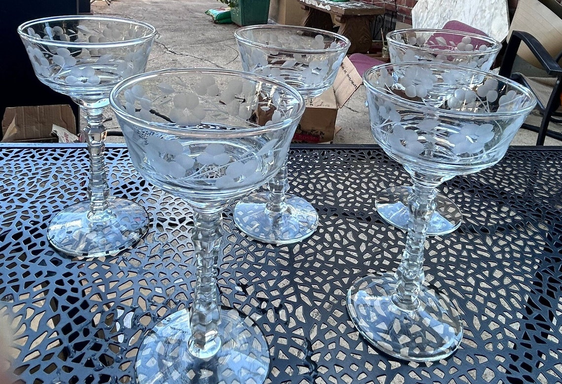 Vintage Floral Etched Champagne Glasses W/ Stunning Cubed Stem 1940s