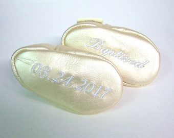 Baptism Christening gold leather shoes -rose gold girl moccasins or boy leather moccs -leather baptism shoes, , personalized shower