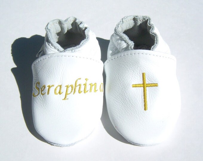 Baptism leather booties gold font - baptism gold booties - soft sole baptism shoes - softsoulbabyshoes