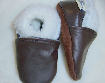 Baby slippers moccasins warm brown leather baby shoes winter lined