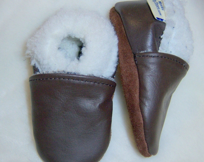 Baby slippers moccasins warm brown leather baby shoes winter lined