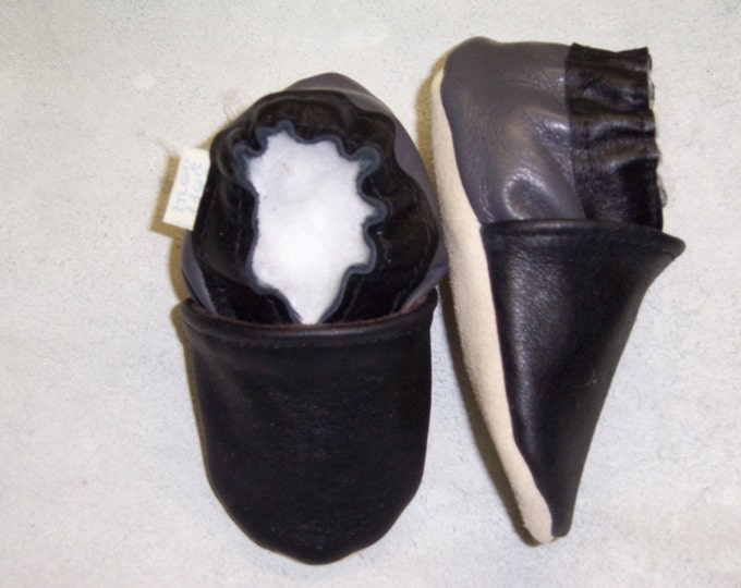 Moxies soft soled leather baby shoes -2 tone black and grey or pick size Toddler soft leather shoes - softsoul soft sole baby shoes