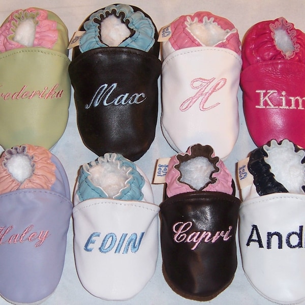 Monogrammed Moxies- leather soft soled shoes - leather baby shoes - handmade leather baby shoes- name or monogram on shoes