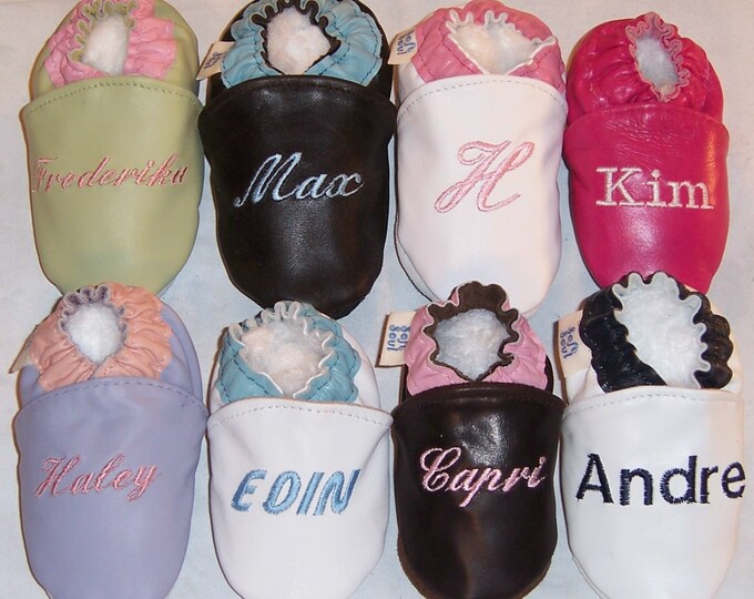 Monogrammed Moxies- leather soft soled shoes - leather baby shoes - handmade leather baby shoes- name or monogram on shoes