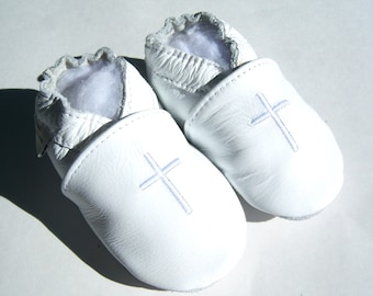 Baptism shoes in leather, with cream cross ,christening shoes,fancy white shoes,leather shoes with a cross,