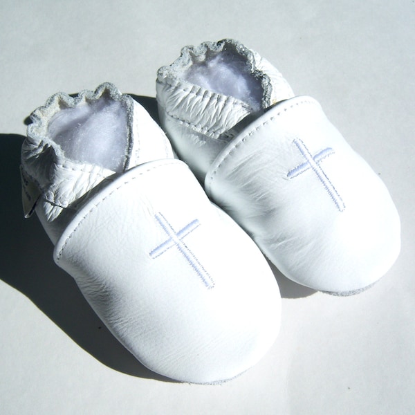 Baptism shoes in leather, with cream cross ,christening shoes,fancy white shoes,leather shoes with a cross,