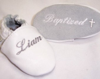 Dedication baby shoes baptism ,christening with name embroidered , cross on soles - personalized baptism shoes ,softsoul baptism baby shoes