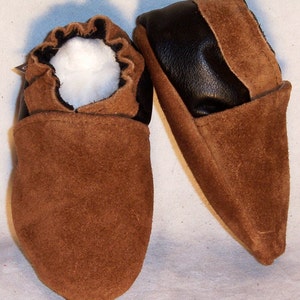 Moxies soft soled leather baby shoes 2 tone brown suede choose size - soft soles baby shoes - leather and suede moccasins