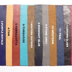 May include: A sample of 12 different leather colours, including eggplant, light grey, purple royale, tan, terracotta, turquoise, western distress, midnight blue, stone grey, western, teal, brown gloss, and deep red.