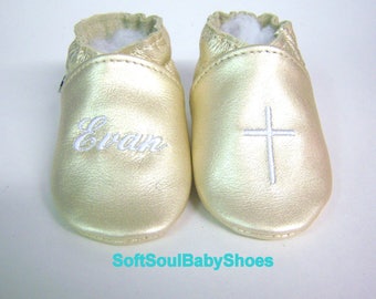 Gold leather Baptism Christening shoes -rose gold girl moccasins or boy leather moccs -leather baptism shoes, , personalized shower