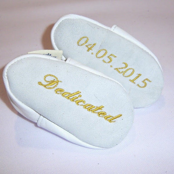 baby shoes in leather  dedication leather shoes custom made personalized dedication leather baby booties  - gold embroidery shoes