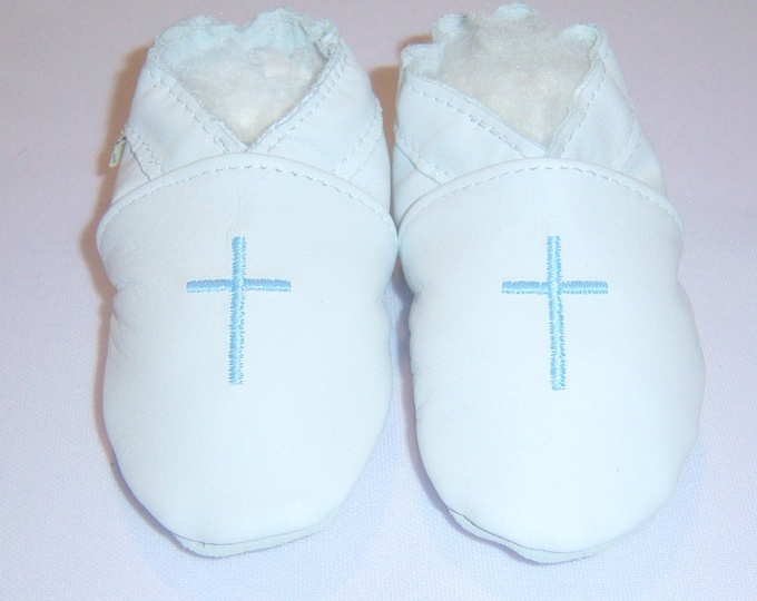 Baptism shoes white GENUINE  leather with cross - christening shoes - leather baptism booties