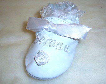 Christening baptism wedding baby girl leather shoes leather lace and white ruffle personalized booties,baptism gift ,god parent gift