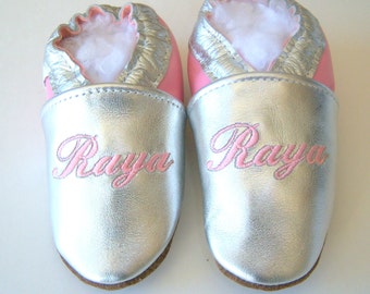 personalized leather baby shoes silver and pink