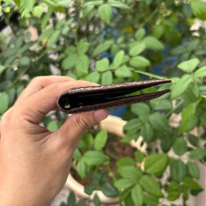 Pu&ograve; includere: Un portafoglio in pelle marrone, tenuto aperto per rivelare l'interno. Il portafoglio ha una superficie strutturata e sembra essere realizzato in pelle di alta qualit&agrave;. Lo sfondo &egrave; sfocato, con fogliame verde.