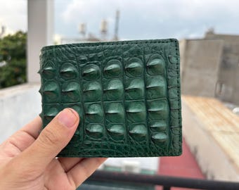 Cartera plegable de piel de cocodrilo verde: Cartera exótica hecha a mano para hombre