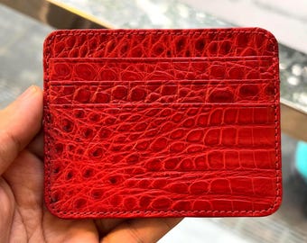 Red Minimalist Alligator Leather Card Holder: Slim Handmade Wallet