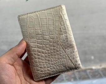 Portafoglio porta carte bifold in vera pelle di alligatore bianco - Design esotico sottile