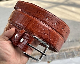 Cognac Alligator Belly Leather Belt: Removable Buckle, Exotic Style