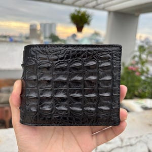 Zwarte alligator lederen portemonnee heren portemonnee met ID-klep / premium exotische lederen portemonnee / verjaardagscadeau heren