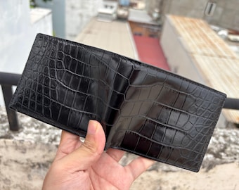 Cartera plegable de piel de caimán auténtica: billetera exótica hecha a mano para hombre