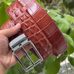 1.5&quot; Cognac Genuine Alligator Horn Real Leather Skin Men&#39;s Belt With Pin Buckle/ Golf Belt/ Gift For Him/ Birthday Gift/ Xmas Gift