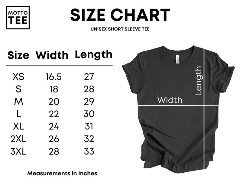May include: A black unisex short sleeve tee shirt with a size chart. The chart shows measurements in inches for sizes XS to 3XL. The width measurements range from 16.5 to 28 inches, and the length measurements range from 27 to 33 inches.