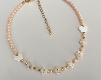 kids FLOWER shaped name necklace, mother of Pearl letter name necklace, kids bright beaded necklace, birthday gift ideas for toddlers