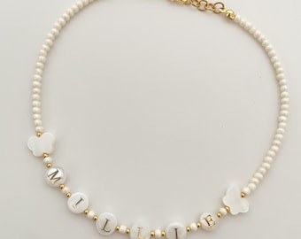 Little girl name necklace, natural Pearl letter beads, kids bright beaded necklace, birthday gift for kids, Christmas gift for little girls