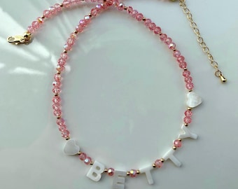 Custom name necklace toddler, gift for little girl, mother of Pearl initial name necklace, bright beaded necklace, colorful gift for kids