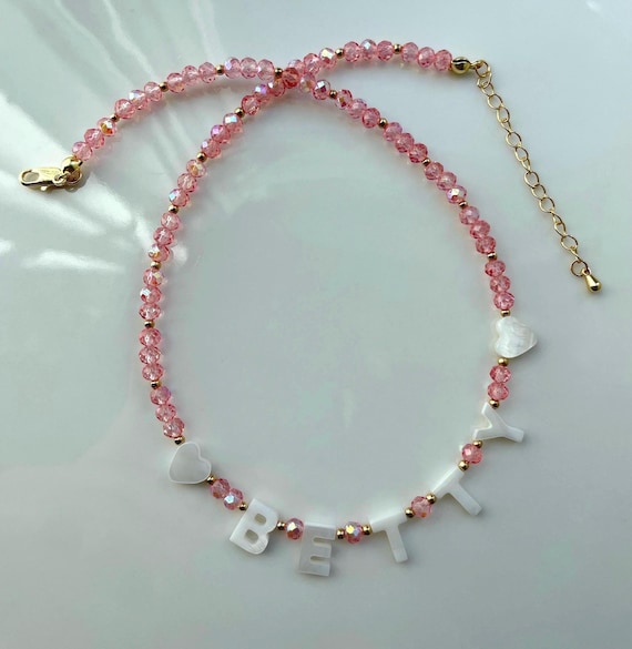 Custom name necklace toddler, gift for little girl, mother of Pearl initial name necklace, bright beaded necklace, colorful gift for kids