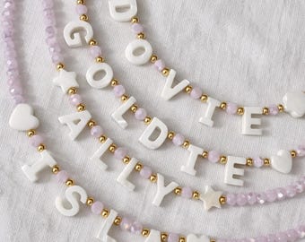 Pink Custom name necklace, mother of Pearl name necklace, beaded name necklace, birthday gift for little girls, Christmas gift for kids