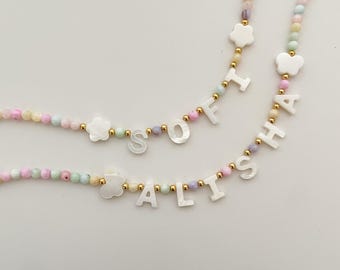 Full of color name necklace, mother of Pearl letter name necklace, kids bright beaded necklace, birthday gift for kids, Christmas gift