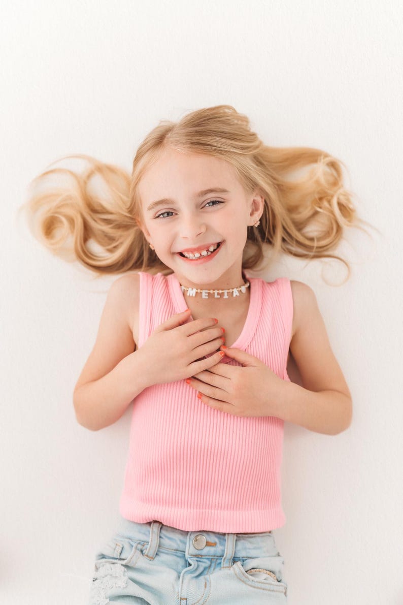 Toddler Custom name necklace, mother of Pearl letter name necklace, kids beaded necklace, Easter gift for girls, children’s birthday gift image 10
