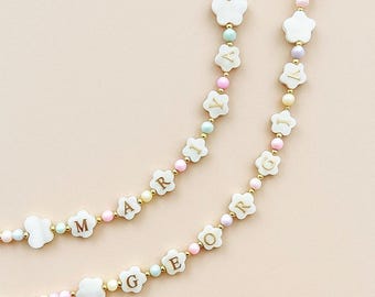 Colorful flower shaped name necklace for kids, mother of Pearl letter name necklace, girls bright beaded necklace, gift idea for toddlers,