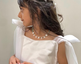 Green name necklace, kids personalized necklace, mother of Pearl name lecklace, kids handmade necklace, flower girl gift, beaded necklace