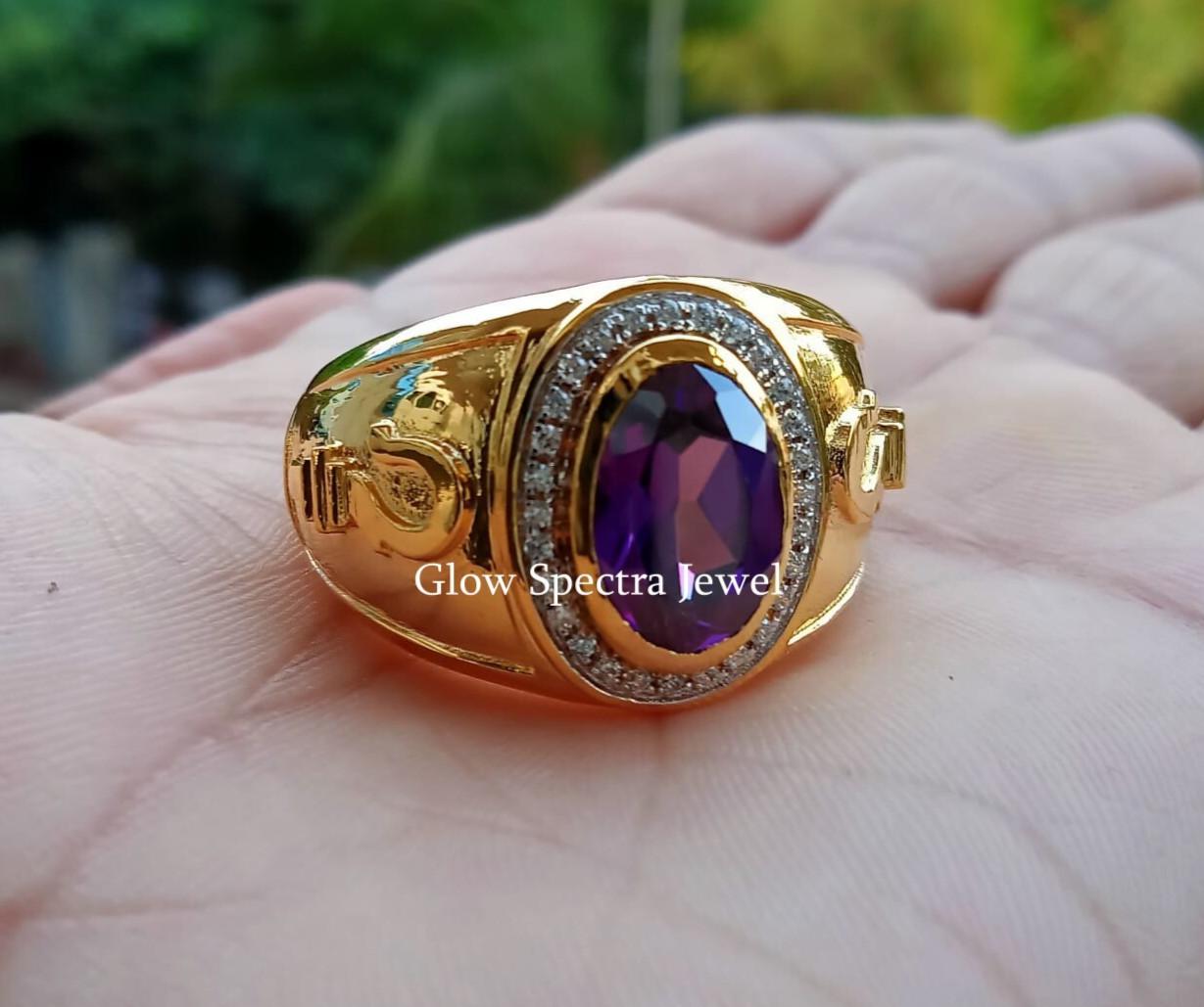 Men's Bishop Ring 5.00 Carat Oval Shape Simulated Amethyst Diamond 14k Yellow Gold Plated