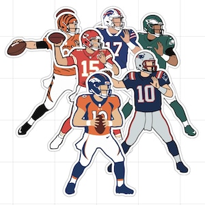 May include: A collection of die-cut stickers featuring stylized illustrations of American football quarterbacks in action. Each sticker showcases a different team's uniform, including the Bengals, Chiefs, Bills, Broncos, Patriots, and Eagles.