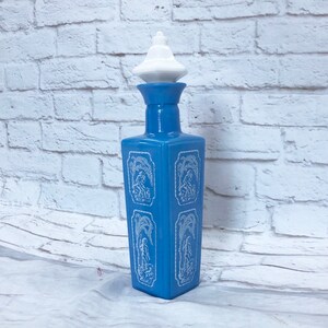 Vintage 60s Blue Milk Glass Old World Novelty Scene Man Dog Cork Stopper Liquor Bottle Decanter