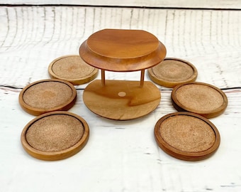 Vintage 70s Coasters Caddy Set Wood 6 Dining Bar Serving Drinkware Set Decor