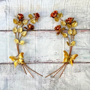 Set 2 Large Vintage 60s Copper Rose Branches Brass Butterflies Metal Wall Hanging Art Sculpture MCM