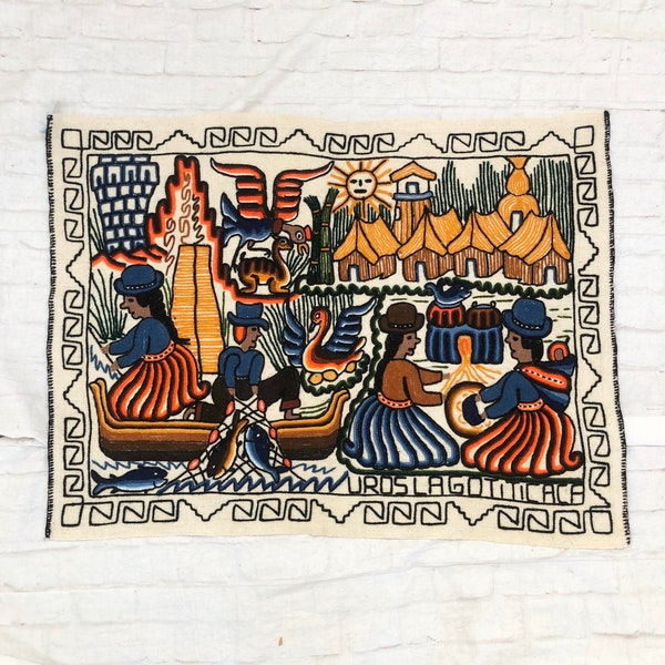 Vintage Peruvian Woven Wall Story Tapestry Primitive Folk Art Embroidered Volcano Village South American