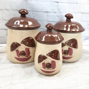 Set 3 barattoli per biscotti vintage anni '70, contenitori per la conservazione della cucina, funghi, marrone, beige, cottage del bosco