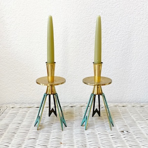 Vintage Set 2 Brass Turquoise Metal Arrow Southwestern Taper Candle Holders Art Deco