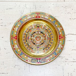 Vintage MCM Aztec Sun Mayan Doomsday Calendar Mexican Painted Brass Plate Wall Decor Primitive