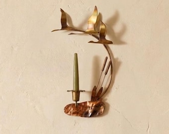 Vintage 70s Wall Sconce Candle Holder Brass Copper Flying Ducks Willows Metal Art Hanging