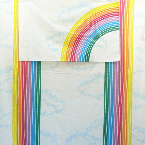 Vintage 80s Rainbows & Clouds Twin Flat Sheet Pillowcase Set Pacific "Canadian Sunset" LGBT Gay Pride