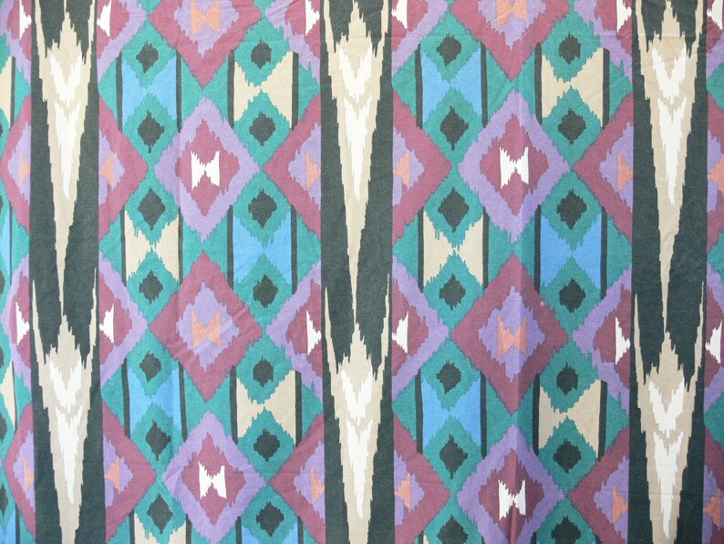 Vintage 80s Southwestern Print Full Flat Bed Sheet Teal Plum Black Tan Diamond Striped Pattern